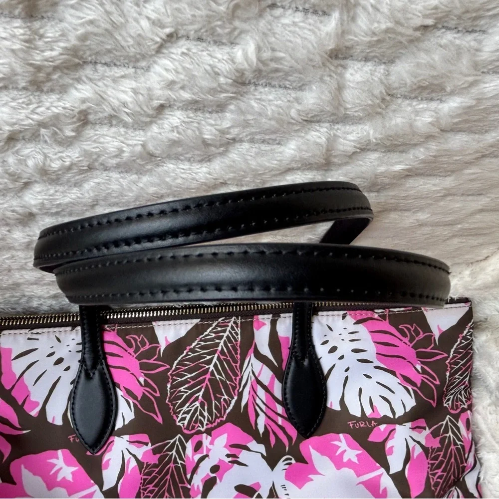 Furla Large Tote Printed Canvas Black Leather Handles Pink Multicolor